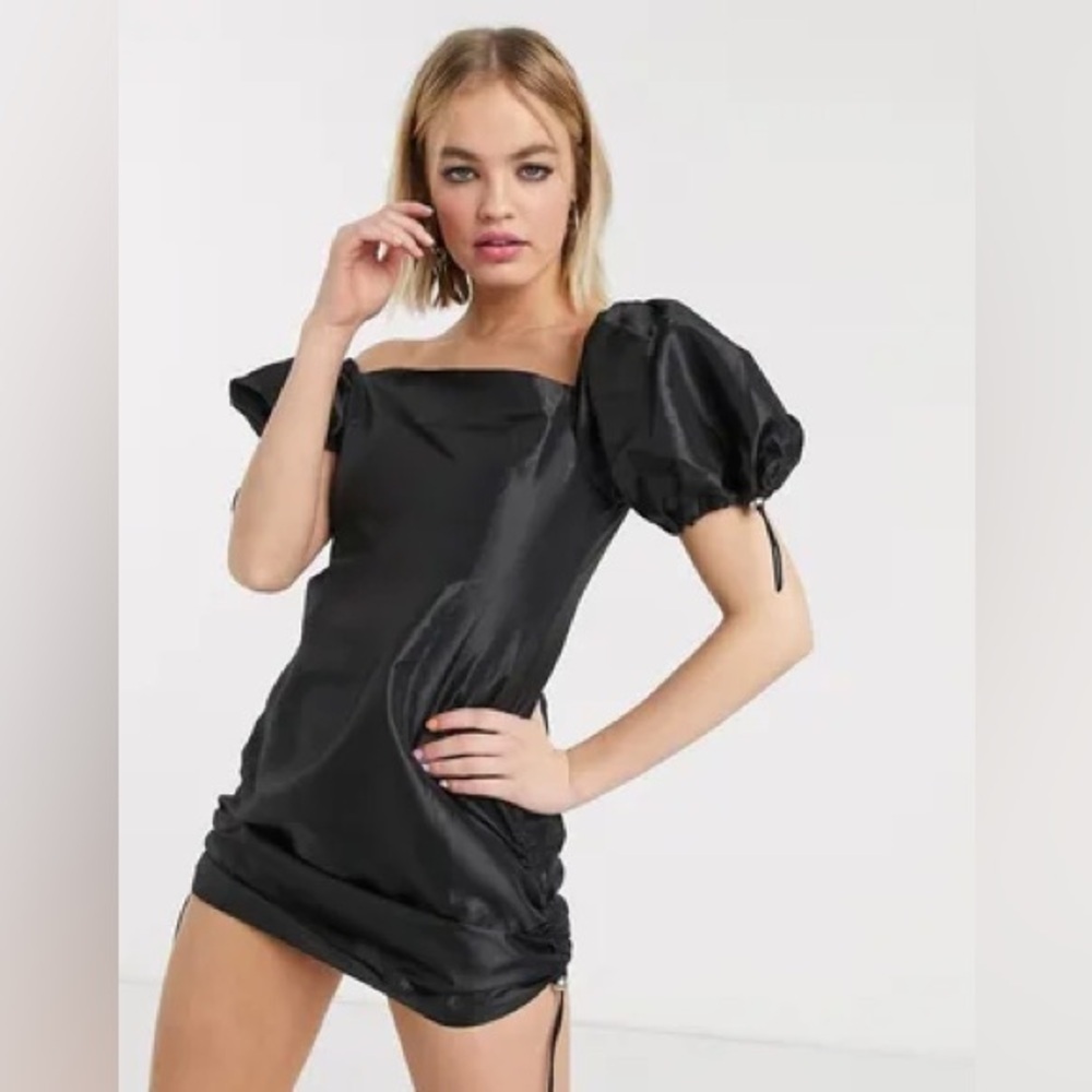 The Ragged Priest Side Gathered Drawstring Taffeta Mini Dress-Black